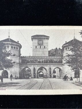 Antique c1905 Munich Isartor Postcard J. Velten Street Life Trolley Stroller